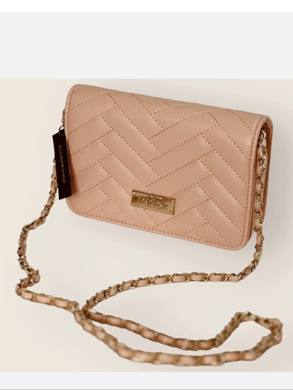 bebe Quilted Blush Pink Crossbody Bag with Gold Chain
